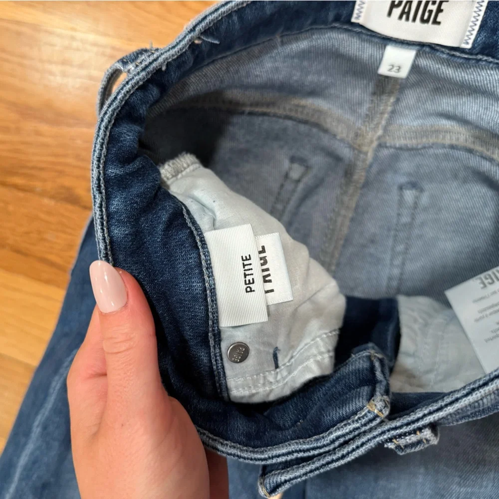 PAIGE Petite Laurel Canyon Raw Hem Flare Blue Women's Jeans - Olivin Distressed - Picture 7 of 10